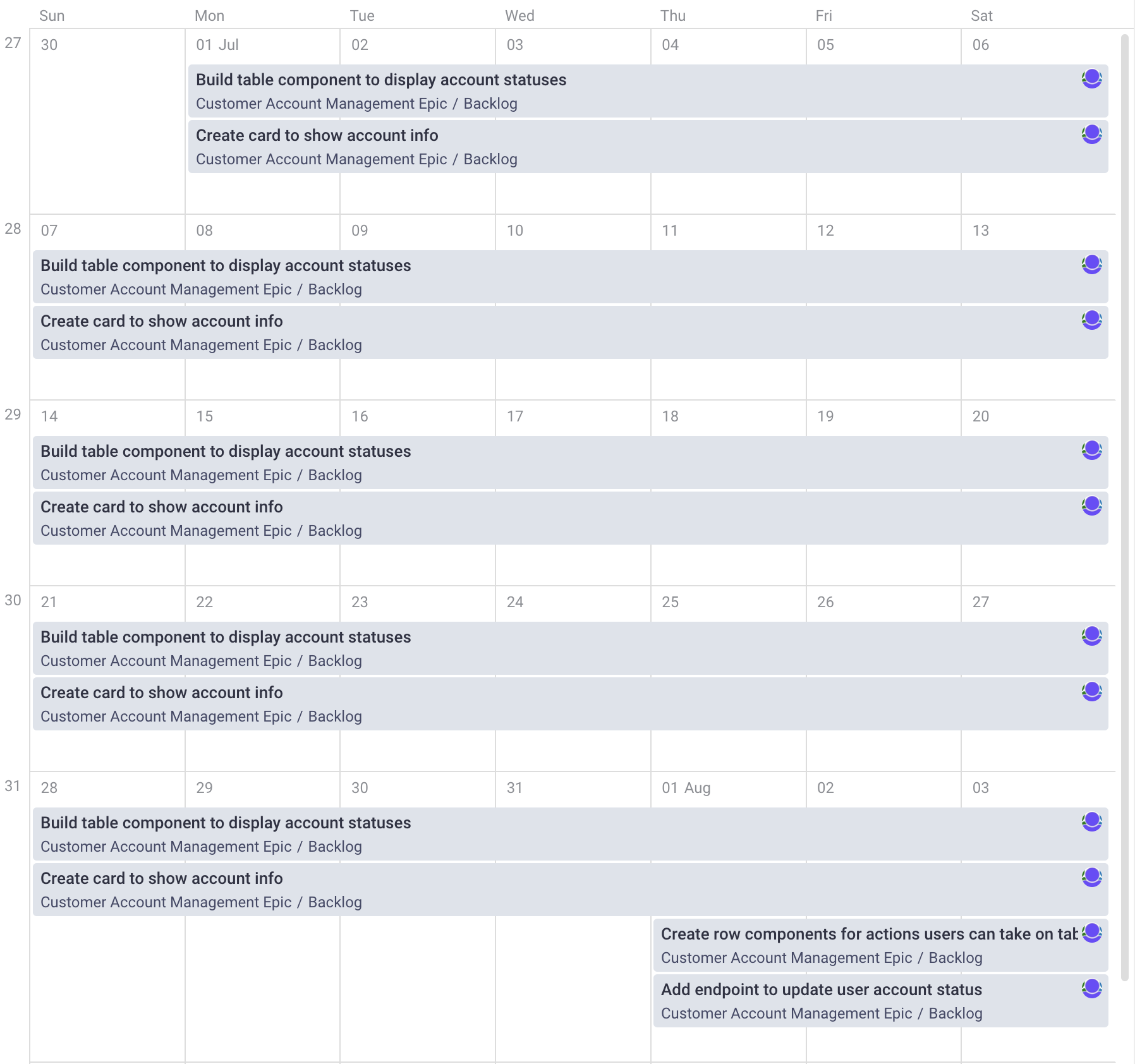 Example of a simple product roadmap